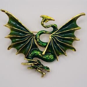 Dragon Brooch Green and Gold Tone Enamel in Flight Mythical Creature